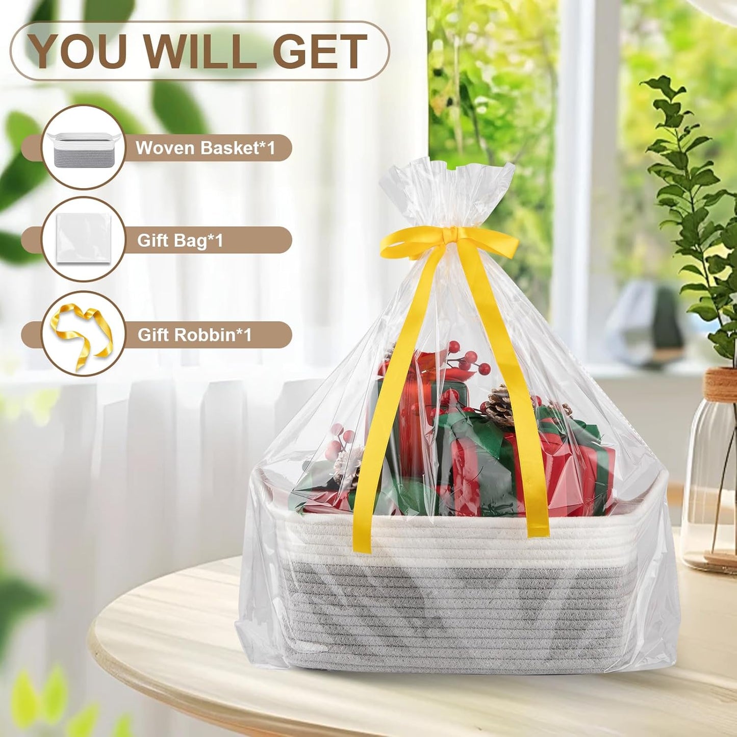 OIAHOMY Woven Basket, Gift Basket Empty with Gift Bags and Ribbons, Rope Baskets for Baby Showers, Storage Baskets with Handles for Nursery, Pet Toy Organizer - White