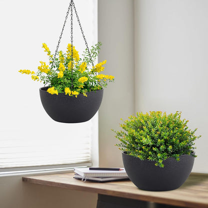 Meowell 10 inch Hanging Planters for Indoor Outdoor Plants, 2 Pack Hanging Flower Pots with Drainage Holes and Chain for Garden Porch, Plastic Hanging Baskets for House Plants, Speckled Grey