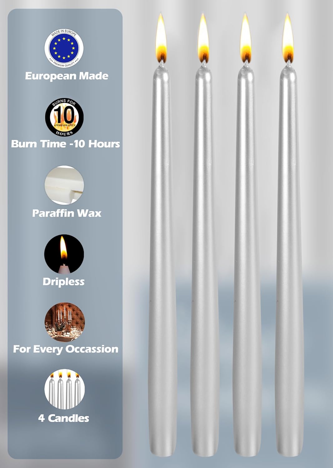 Hyoola Tall Taper Candles - 10 Inch Metallic Gold Unscented Dripless Taper Candles - 8 Hour Burn Time - 4 Pack
