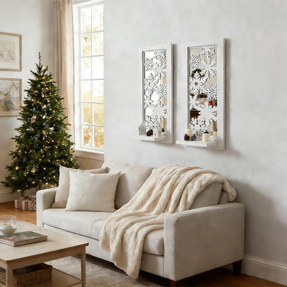 Wood Wall Sconce Candle Holder Set 2, Rustic Wall-Mount Candle Holders, Farmhouse Hanging Wall Décor, Carved Wood Frame, Mirrored Candle Holder (Distressed White)