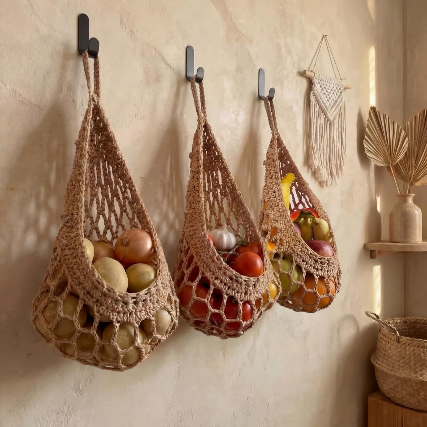 Honeydak Boho Decor Hanging Wall Baskets for Kitchen 3 Pack Teardrop Baskets with Hooks Storage Fruit Onion Vegetable Potato for Home 3 Sizes(Linen,Teardrop,Jute)