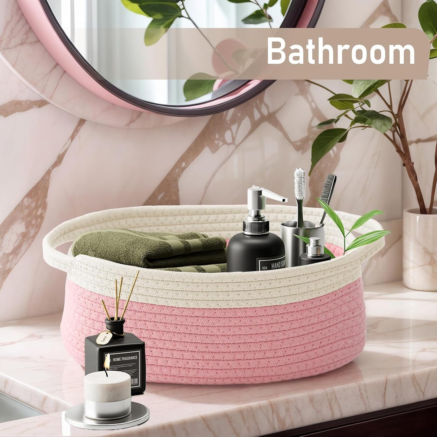 JMvicyroam Woven Basket,Small Rope Storage Bin with Handles & Ribbon Bag, Organizer for Shelves Closets,Gift Basket Empty for Birthday,Books,Dog Toys,White