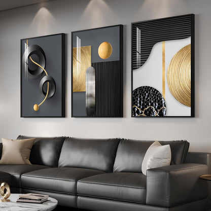 Framed Modern Luxury Gold Wall Art, Set of 3 Piece Contemporary Paintings Artwork for Walls, Golden Prints Pictures with Gold Frame, Wall Decor for Living Room, Hallway, Bedroom, Office 16x24 Inch