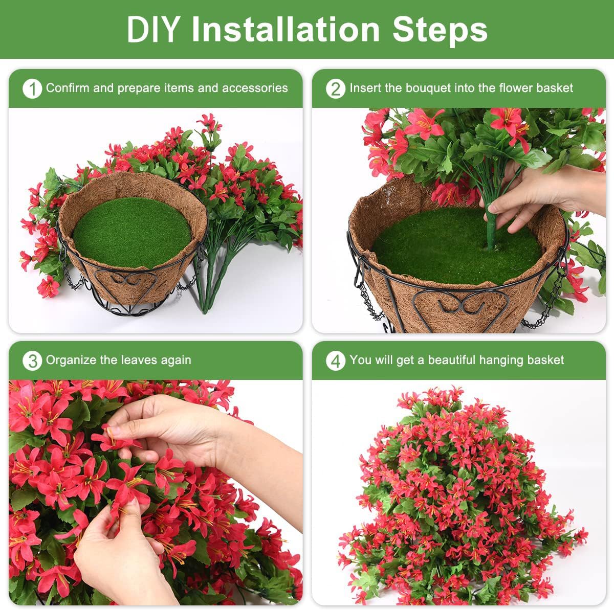 INQCMY Artificial Fake Hanging Plants Flowers Basket for Spring Summer Outdoor Outside Porch Decoration,UV Resistant Faux Silk Violet in Planter for Home Patio Balcony Garden Yard Decor(Red)