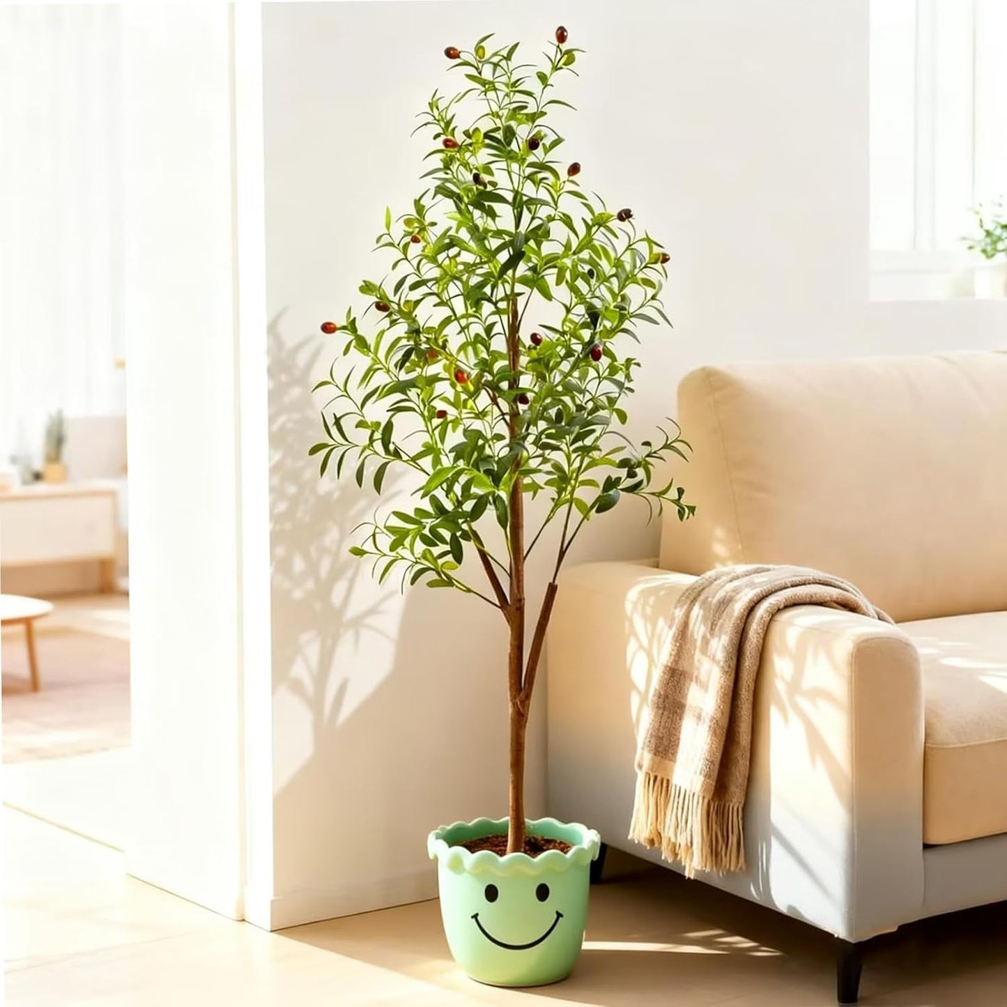 6FT Artificial Olive Tree Indoor, Tall Faux Olive Tree with Pot&Basket, Large Fake Olive Tree with Realistic 1080 Silk Leaves and 60 Fruits for Living Room Home Office Decor.