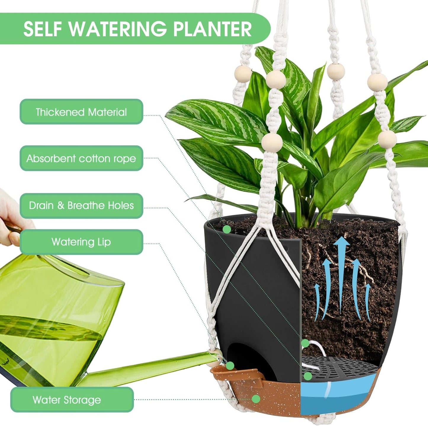 Vanslogreen Hanging Planters for Indoor Outdoor Plants, 2 Pack Self Watering Hanging Pot with Drainage Holes & Removable Tray (Black, 8'')