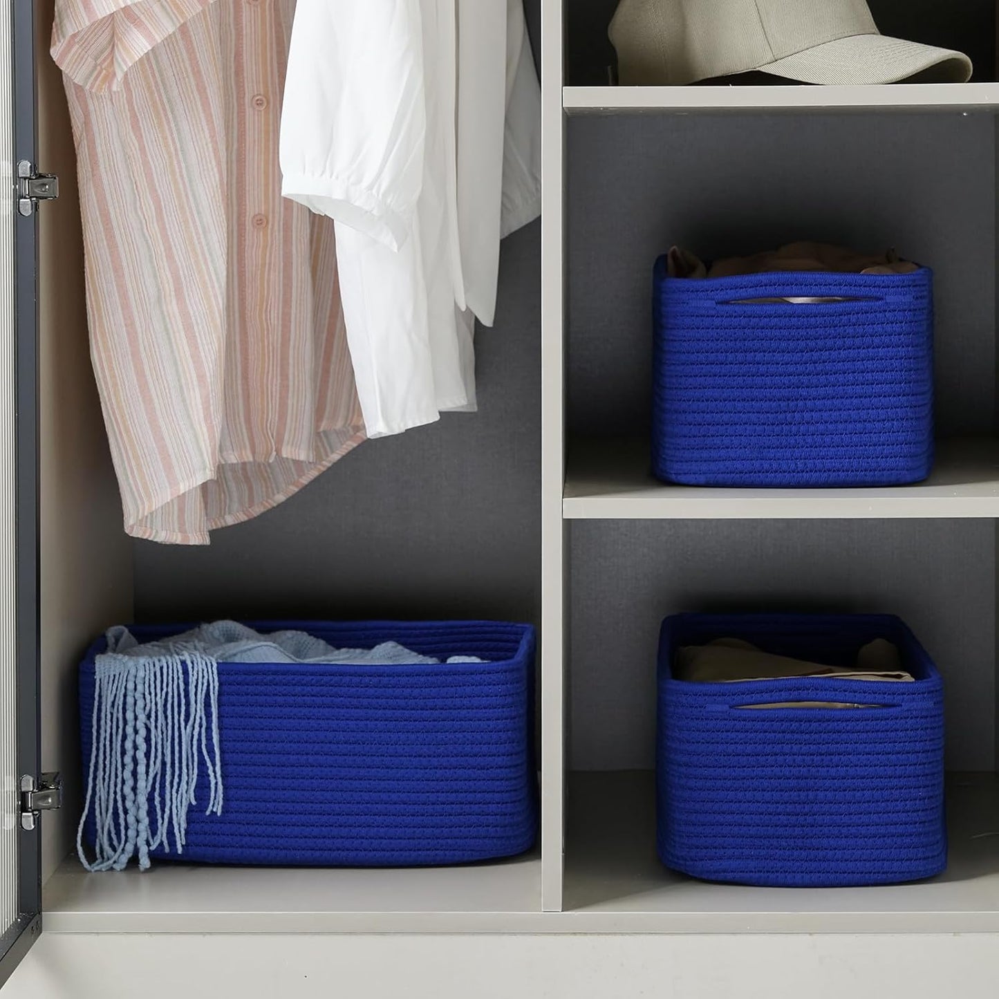 3-Pack Small Storage Baskets for Organizing | Woven Shelf Toy Basket | Rope Baskets for Gifts Empty | Closet Organizer Bins with Handles | Cube Decorative Box | 11.8×7.8×5.1” | Mixed brown