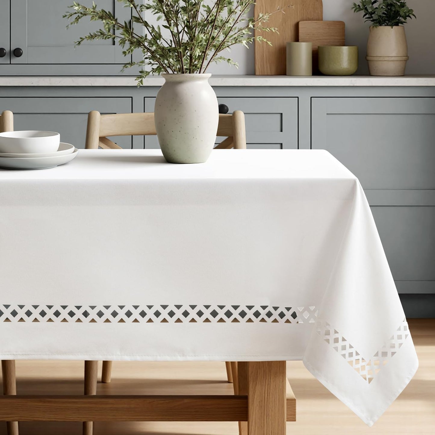 MIULEE Beige Rectangle Linen Polyester Tablecloth with Decorative Cutouts Spring Waterproof Stain Resistant & Shrink-Proof Table Cloth 52x70 inch Farmhouse Style for Dining Wedding and Outdoor