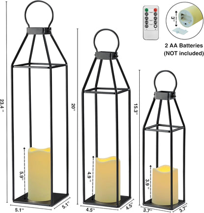 Perfnique Modern Farmhouse Lantern Decor, 15'' 13'' Set of 2 Black Metal Lantern, 2 LED 6hr Timer Flameless Candles ＆ Remote Timer, Lanterns Decorative for Outdoor, Home, Indoor, Patio, Christmas