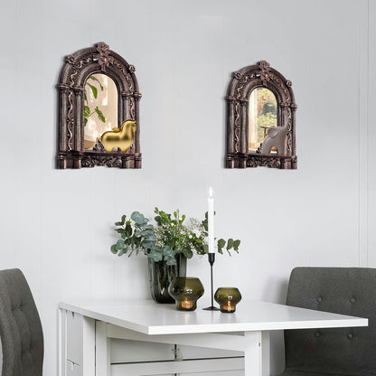 Three-Dimensional Relief Candle Sconces Set 2 Rustic Wall Mount Candle Holders Wood Hanging Wall Decor Mirrored Wall Art Hand Carved Home Decoration Gold