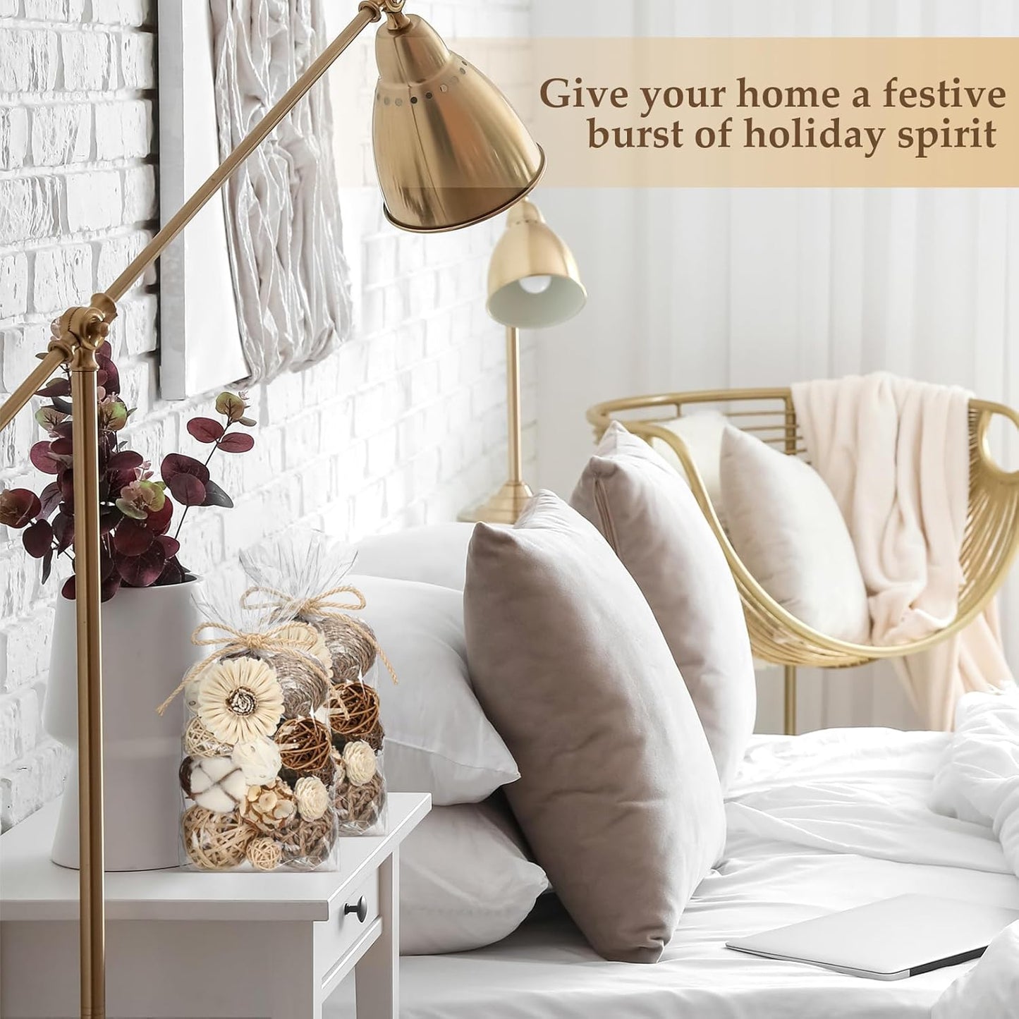 Riceshoot 2 Pack Decorative Balls Potpourri Bowl Filler Decor Natural Vase Bowl Filler Assorted Spherical Rattan Twigs Wicker Balls Cotton for Home Centerpiece(White)