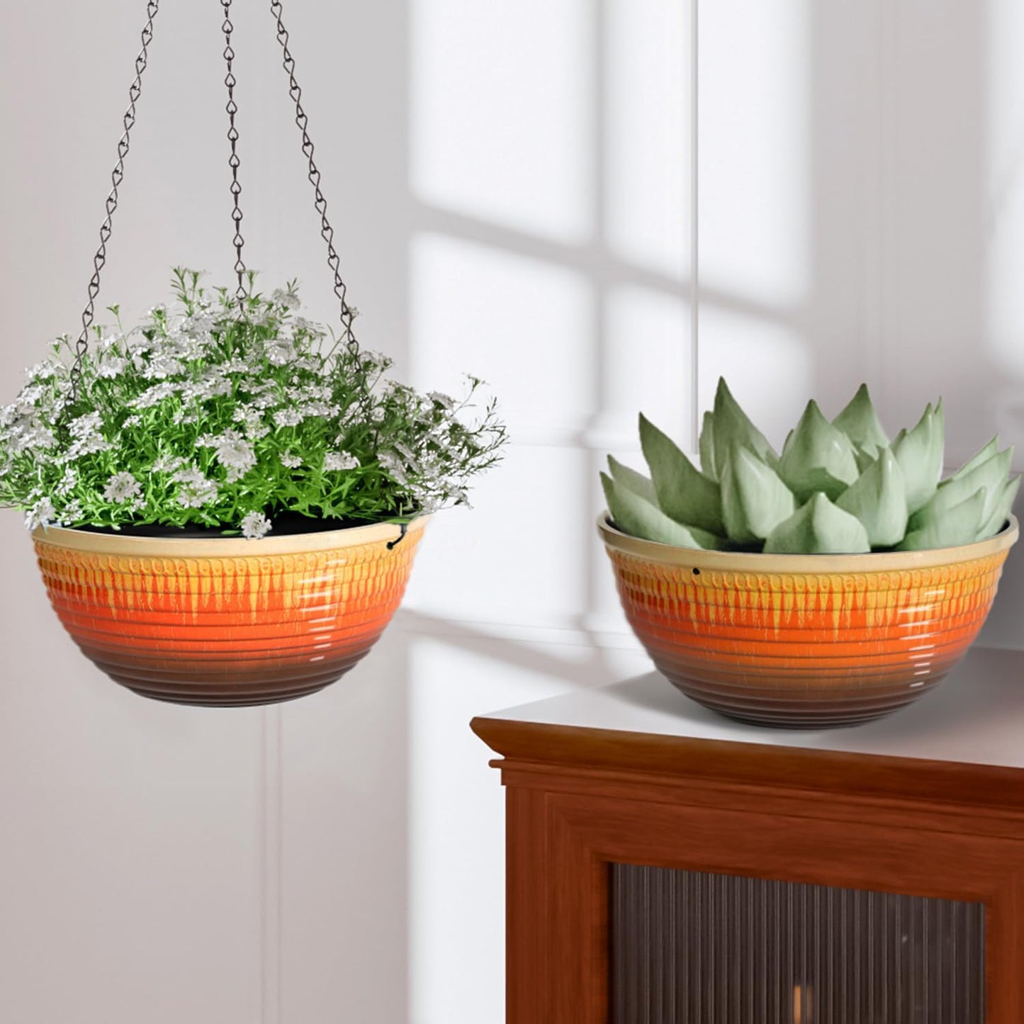 12 inch Large Hanging Planters for Indoor Outdoor Plants, Set of 2 Glazed Hanging Flower Pots with Drainage Hole, Hanging Baskets for Garden Home Porch Decor