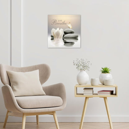 EOBTAIN Zen Flower Canvas Wall Art Bathroom Butterfly and Water Lily Stone Relaxing Spiritual Yoga Framed Wall Art Just Breathe Pictures Canvas Wall Decor for Living Room Bedroom,12x16 Inches