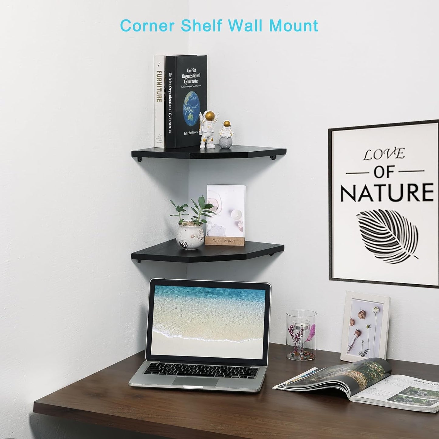 Joiishom Wood Corner Wall Shelves Set of 2, Solid Wood Corner Floating Shelves for Wall, Round End Wall Mounted Floating Corner Shelf for Bedroom, Living Room and Kitchen. (Brown-10 inch)