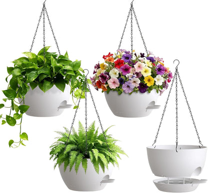 UOUZ Set of 3-10 Inch Self Watering Hanging Planters for Indoor Outdoor，Hanging Plant Pots with Drainage & Removable Tray, Hanging Pots Holder for Ivy, Pothos, Ferns, Balcony & Patio, Black with Brown