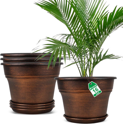 Fodetyff 10 Inch Planters Plant Pots Indoor Outdoor, 4 Pack Plastic Flower Pot for Indoor Plants with Drainage Holes & Trays, Resin Decorative Container Sets with Saucer for House Garden Copper