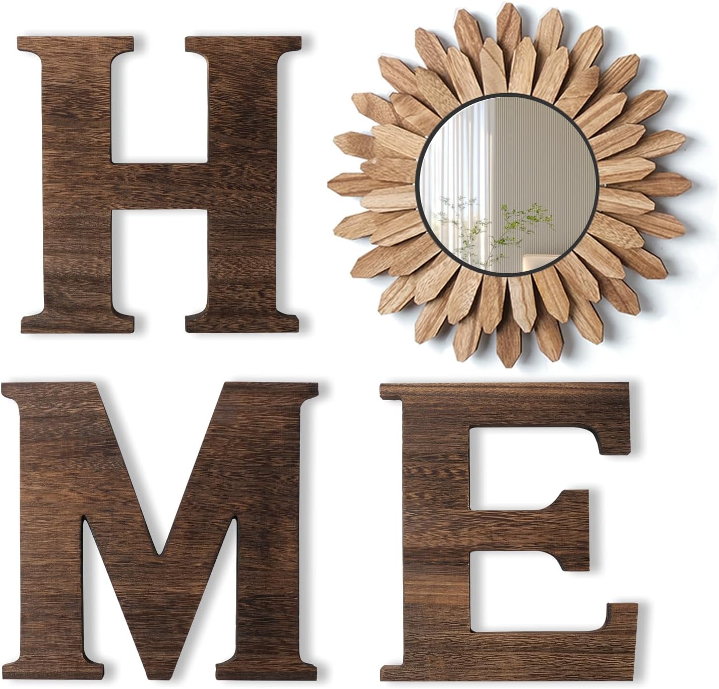 CHIF HAUTH Wood Home Sign with Sunflower Shaped Wood Mirror for O, Thick Letters for Wall Art, Rustic Decor, Farmhouse Home Wall Decor for Living Room, Entryway
