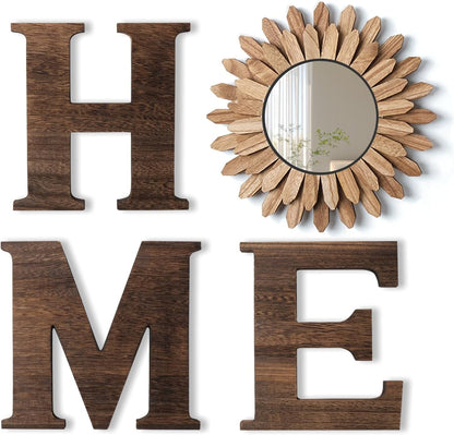 CHIF HAUTH Wood Home Sign with Sunflower Shaped Wood Mirror for O, Thick Letters for Wall Art, Rustic Decor, Farmhouse Home Wall Decor for Living Room, Entryway