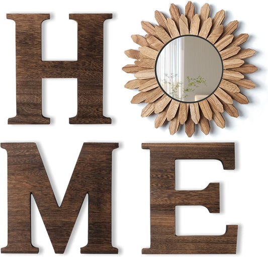 CHIF HAUTH Wood Home Sign with Sunflower Shaped Wood Mirror for O, Thick Letters for Wall Art, Rustic Decor, Farmhouse Home Wall Decor for Living Room, Entryway