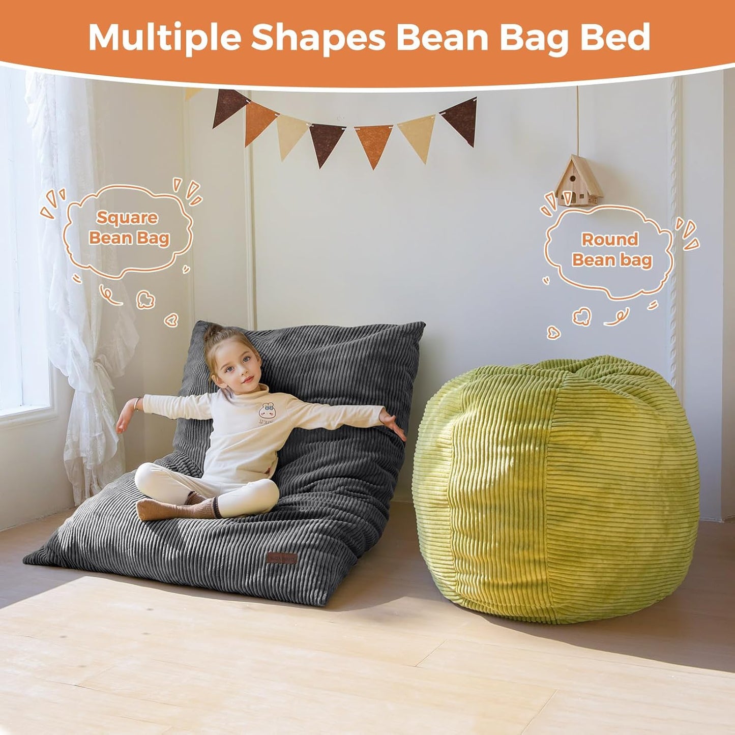 MAXYOYO 3 in 1 Kids Bean Bag Chair Couch, Convertible Chair Folds from Bean Bag to Lounger, Child Floor Sofa for Gaming, Reading, Floor Mattress with High-Density Foam Filling