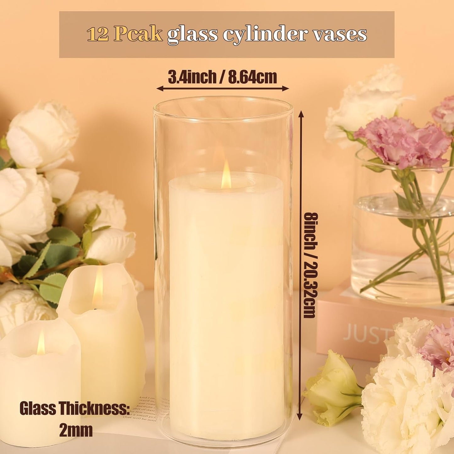 TBWIND 12pcs Glass Cylinder Vases for Centerpieces, 6 Inch Clear Flower Vases for Wedding Decorations and Indoor Home Decor, Hurricane Candle Holder for Table Shelf, Party