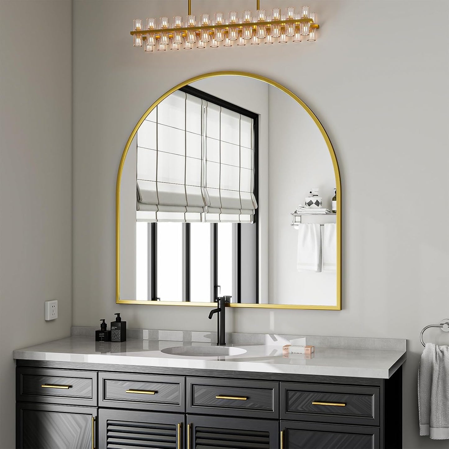 VooBang Arched Wall Mirror, 24 x 36 inch Arch Bathroom Mirror, Wall Mounted Vanity Mirror with Arch Metal Frame, Modern Bathroom Vanity Mirror for Bedroom, Living Room, Hanging or Leaning, Black