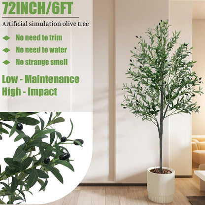 6FT Artificial Olive Tree,Artificial Plants Indoor,Faux Olive Tree Indoor with Natural Wood Trunk and Realistic Leaves and Fruits for Home Office Decor