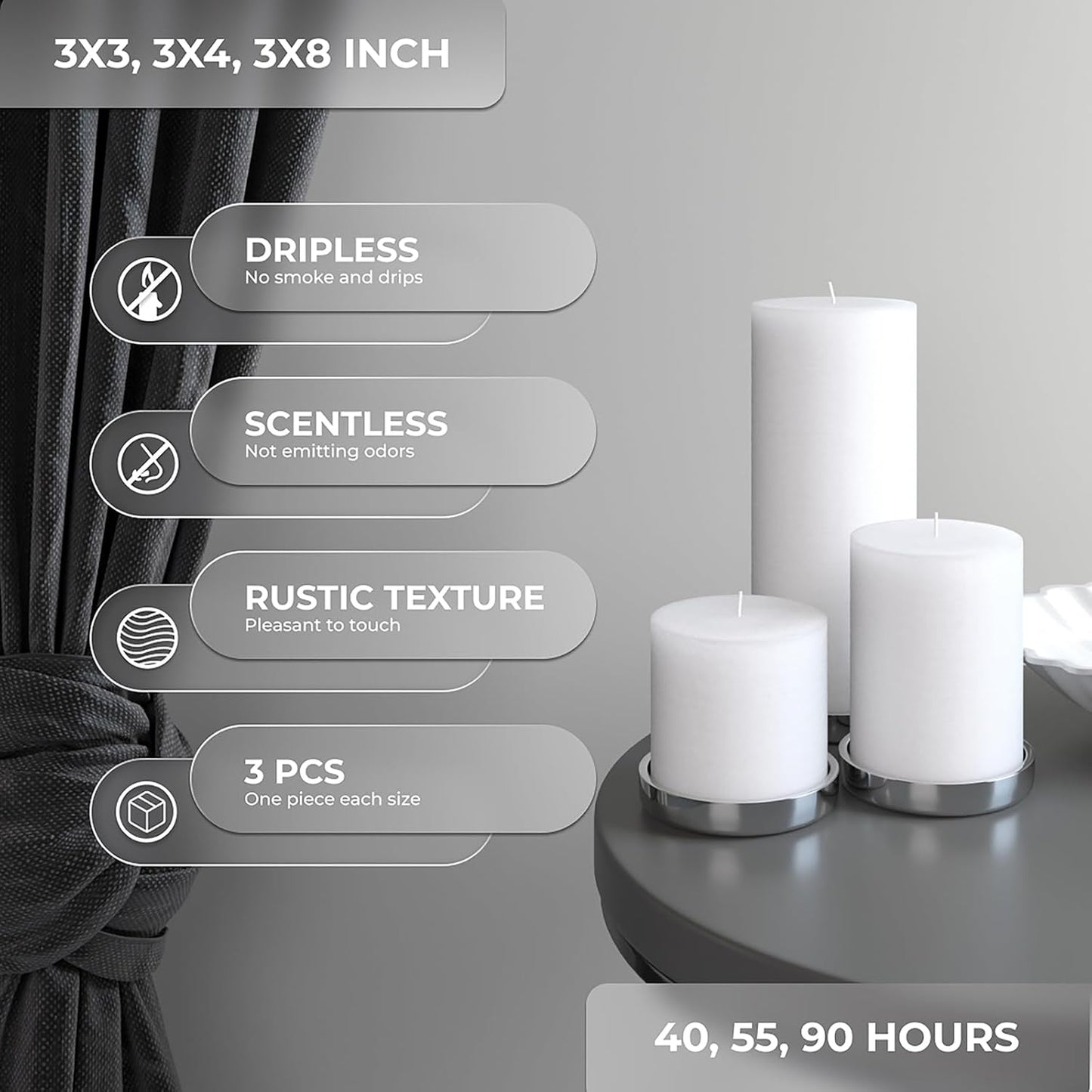 CANDWAX 3x4 inch Pillar Candles Set of 3 – Unscented Dripless Rustic Dark Blue Candles for Room Decor, Weddings, Centerpieces