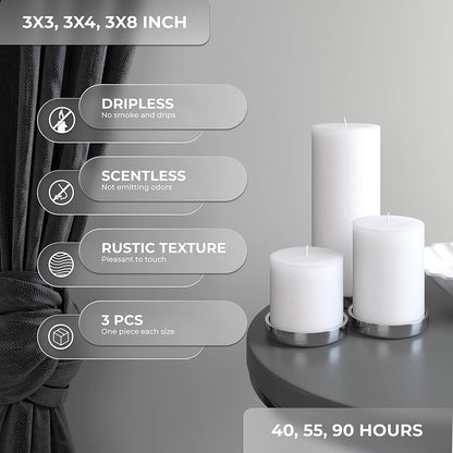 CANDWAX 3x4 inch Pillar Candles Set of 3 – Unscented Dripless Rustic Dark Blue Candles for Room Decor, Weddings, Centerpieces