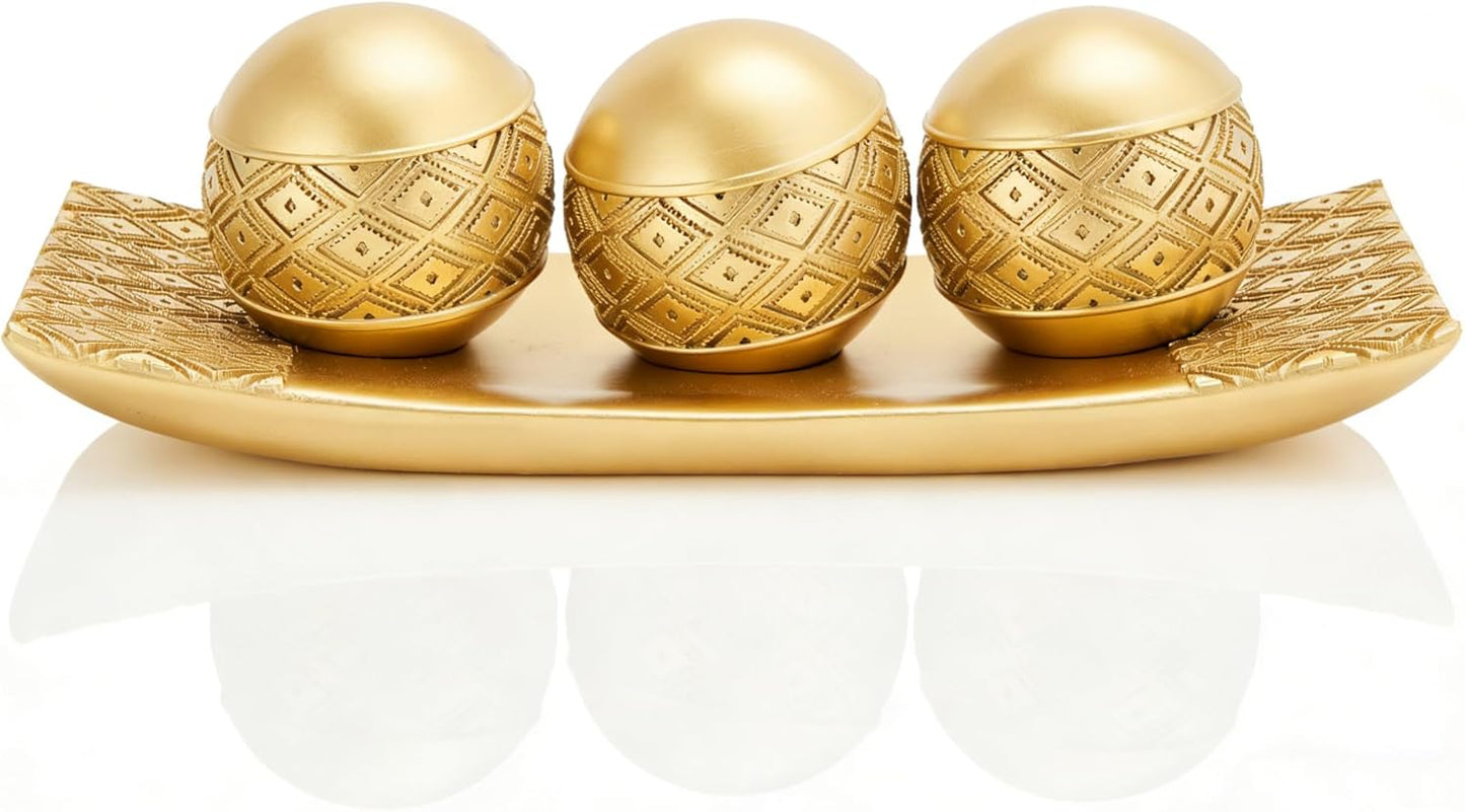 Gold Decorative Orbs with Tray Set, 3Pcs Resin Decorative Balls with Tray, Modern Accent Sphere for Coffee Table, Dining Table, Living Room, Entryway