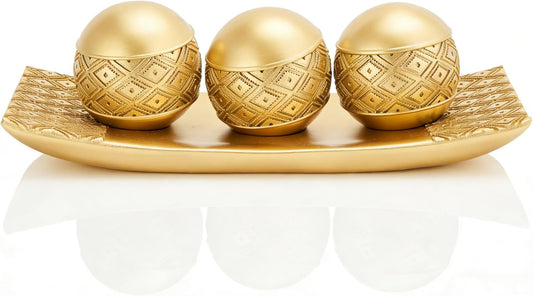 Gold Decorative Orbs with Tray Set, 3Pcs Resin Decorative Balls with Tray, Modern Accent Sphere for Coffee Table, Dining Table, Living Room, Entryway