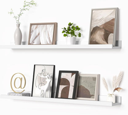 Heimlove Picture Ledge Shelf, Floating Shelves Set of 2, 24 Inches Picture Shelf for Wall with Ledge, Kids Bookshelf Wall Mounted for Living Room Bedroom Decor Books Photo Frames - White