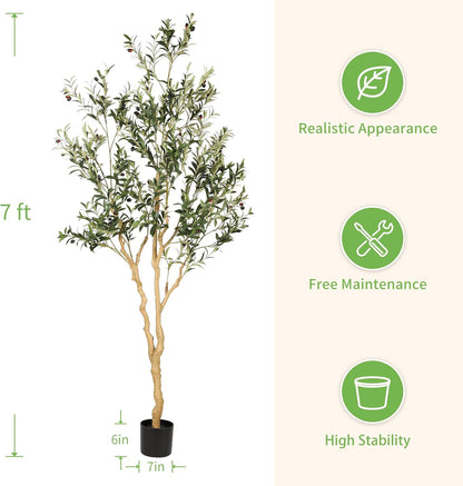 Realead Faux Olive Tree 7ft - Realistic Tall Olive Trees Artificial Indoor - Large Fake Olive Tree with Natural Wood Trunk and Lifelike Leaves - Artificial Olive Tree for Home Office Decor