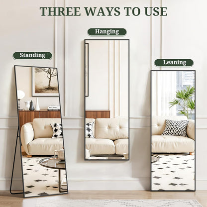 Mirror Full Length 64"x21" Full Body Floor Mirror with Stand, Shatterproof Glass, Aluminum Alloy Frame, Free Standing Wall Mounted or Leaning Arched Mirrors for Bedroom Living Room Entryway