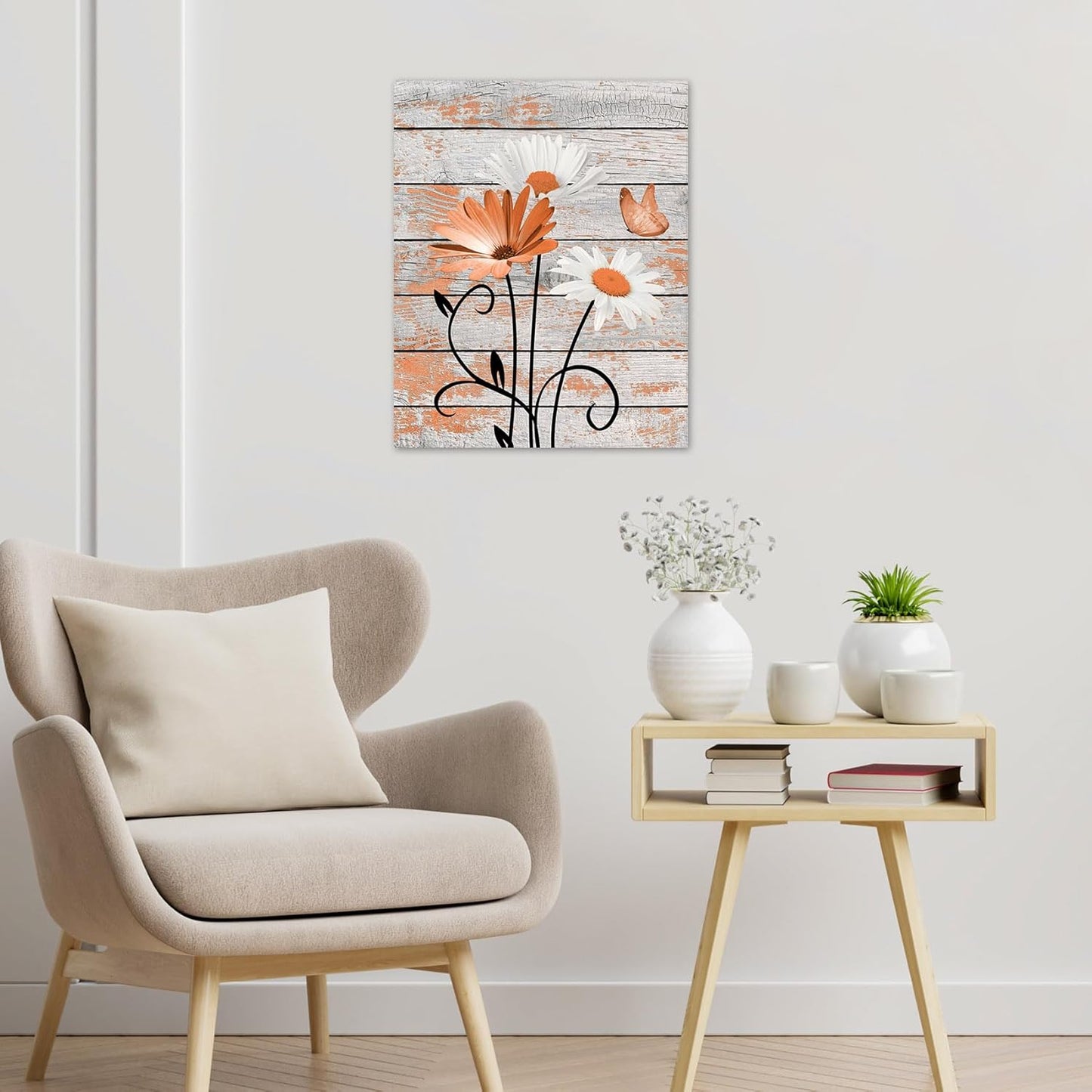 HVEST Farmhouse Floral Wall Art for Living Room, Blue and White Daisy Flower and Butterfly on Rustic Wood Board Canvas Wall Art Framed Artwork Ready to Hang for Bathroom Bedroom Decor, 16L X 12W