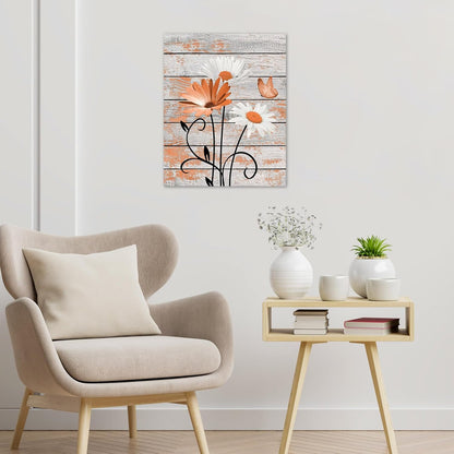 HVEST Farmhouse Floral Wall Art for Living Room, Blue and White Daisy Flower and Butterfly on Rustic Wood Board Canvas Wall Art Framed Artwork Ready to Hang for Bathroom Bedroom Decor, 16L X 12W