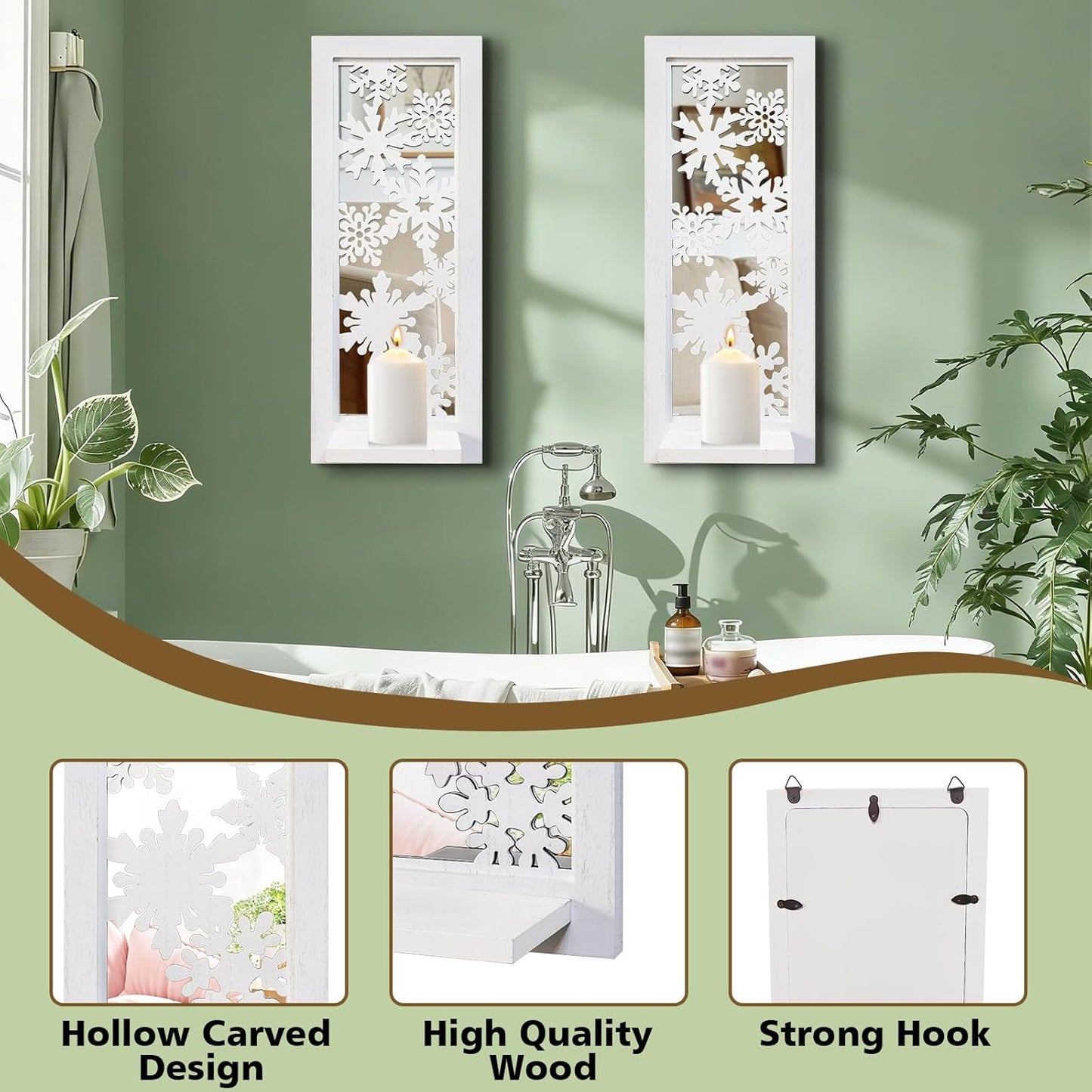 Wood Wall Sconce Candle Holder Set 2, Rustic Wall-Mount Candle Holders, Farmhouse Hanging Wall Décor, Carved Wood Frame, Mirrored Candle Holder (Distressed White)