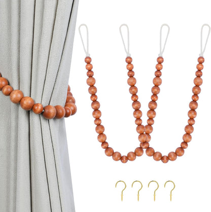 Wood Bead Curtain Tiebacks, KLOGTSIND Set of 2 Curtain Holdbacks for Thin or Thick Window Draperies, Boho Farmhouse Curtain Tiebacks with Hooks, Curtain Tie Backs for Home Office Room Decor