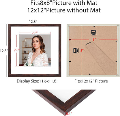 12x12 Picture Frame Set of 9, Display Pictures 8x8 with Mat or 12x12 without Mat, Multi Collage Gallery Square Photo Frames for Wall or Tabletop, Black