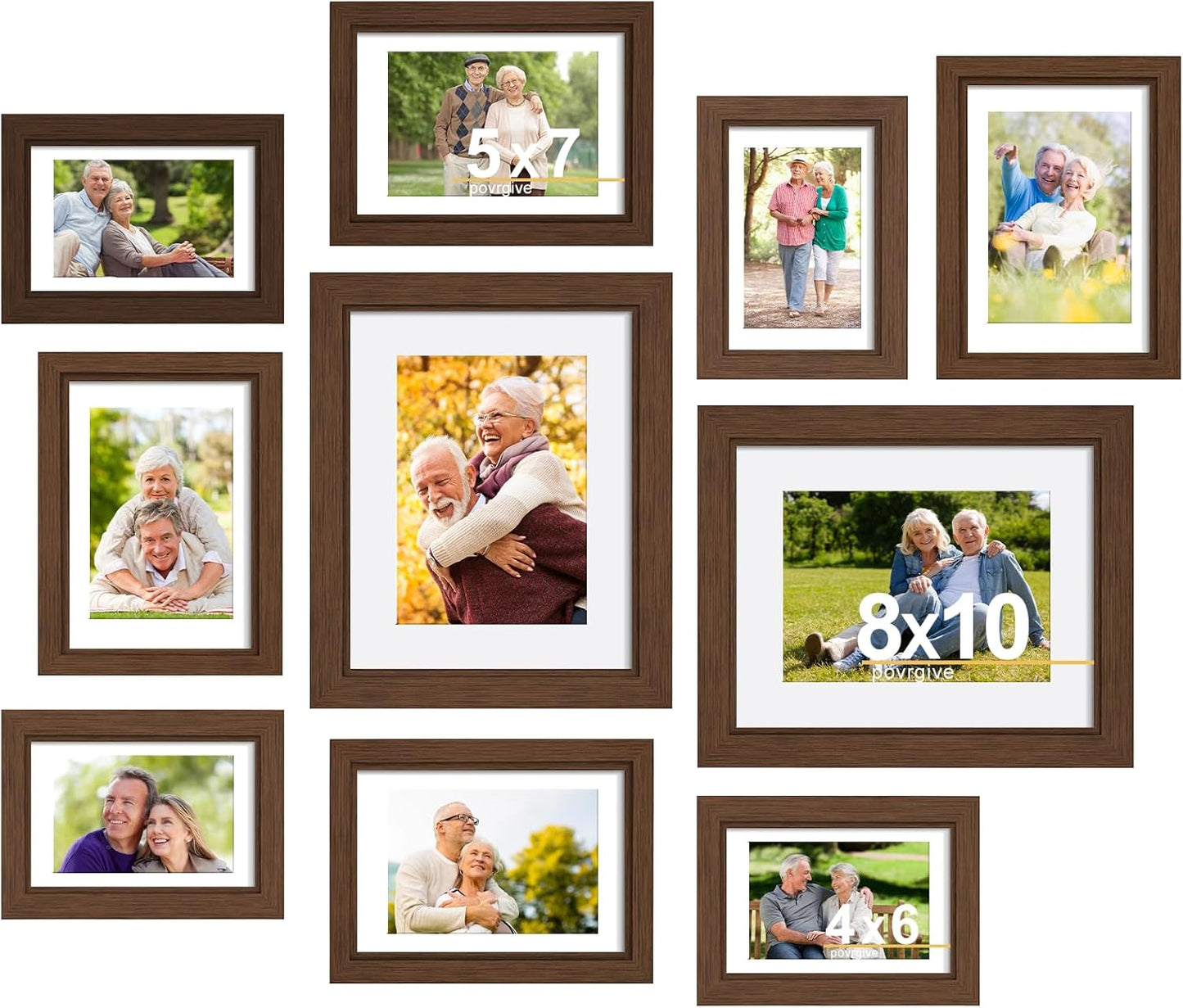 Povrgive Picture Frames, Made of Real Glass and Wooden Frame, Gallery Photo Frames Set of 10 for Collage Wall Decor, Multi Sizes Including 8x10, 5x7, 4x6 for Mounting or Tabletop Display, Wood