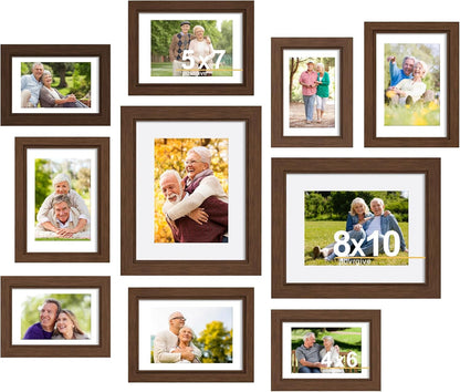 Povrgive Picture Frames, Made of Real Glass and Wooden Frame, Gallery Photo Frames Set of 10 for Collage Wall Decor, Multi Sizes Including 8x10, 5x7, 4x6 for Mounting or Tabletop Display, Wood
