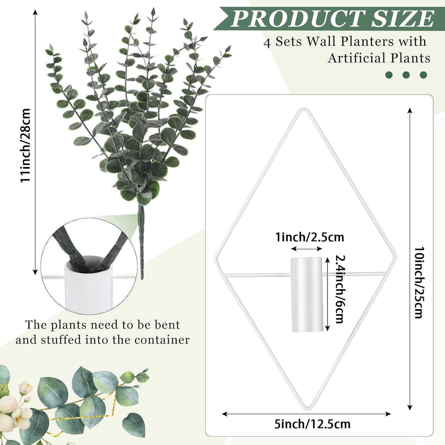 Jexine 4 Pcs Hanging Planters with Artificial Eucalyptus Metal Hanging Vase Indoor Plants Holder Modern Geometric Boho Bathroom Wall Decor for Living Room Home Office(Black)