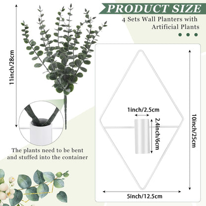 Jexine 4 Pcs Hanging Planters with Artificial Eucalyptus Metal Hanging Vase Indoor Plants Holder Modern Geometric Boho Bathroom Wall Decor for Living Room Home Office(Black)