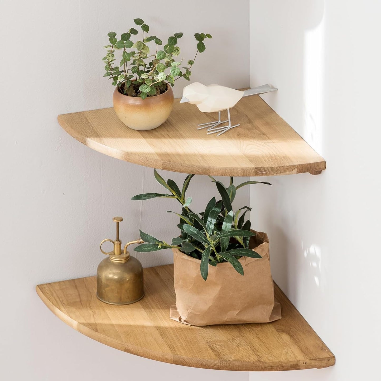 Corner Shelves, Floating Corner Shelf, Set of 2 7inch Solid Oak Wood Wall Shelves, Round End Wall Mount with Wire Hole Shelving for Small Plant for Bedroom Kitchen, Living Room