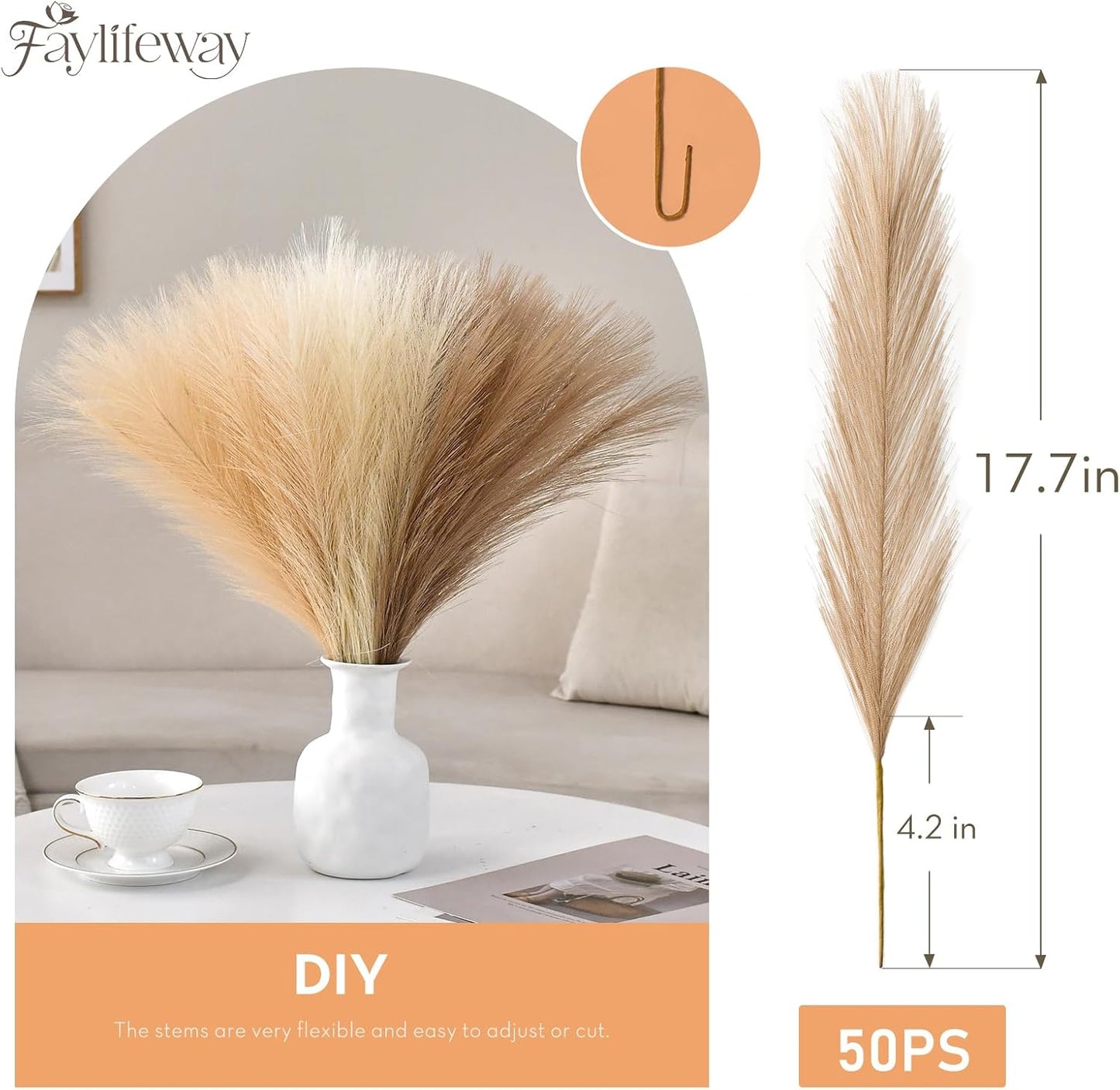 50pcs Pampas Grass 17in for Living Room Decor, Blush Pink Pampas Grass Decor, Fluffy Pink Flowers for Home Birthday Bathroom Baby Shower Wall Bow Decor(Blush & Cream & Pink)