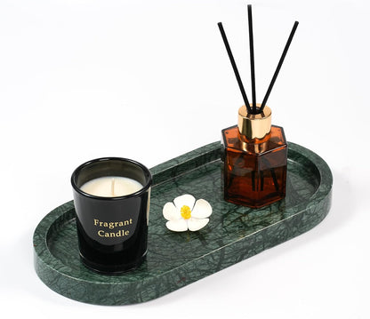 Marble Perfume Tray with Legs - Oval Decorative Stone Pedestal for Bathroom Vanity Coffee Table Kitchen Countertop, Footed Jewelry Candle Organizers Catchall Plate Riser with Scalloped Feet