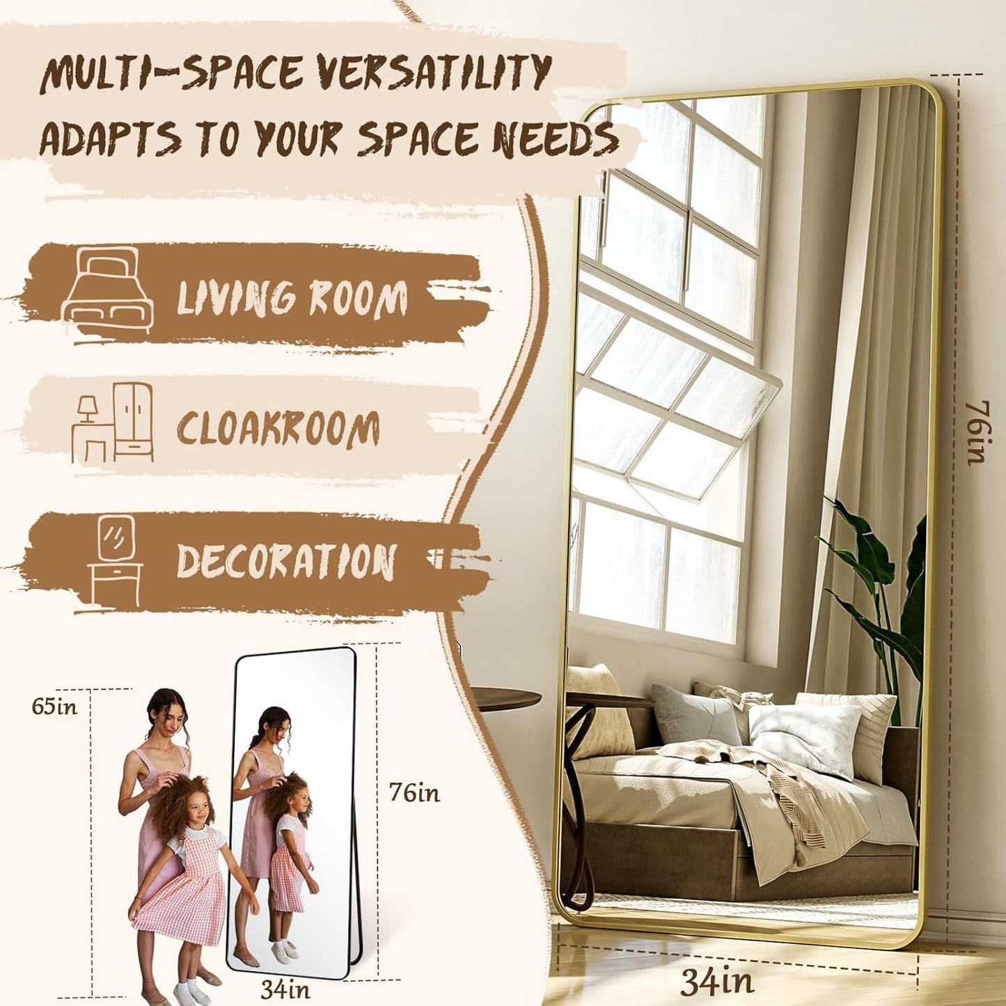 XRAMFY 56"x21" Floor Full Length Mirror Standing Full Body Rounded Corner Rectangle Mirrors with Stand Hanging Wall Mounted Leaning Bedroom Living Room Bedroom Cloakroom,Gold