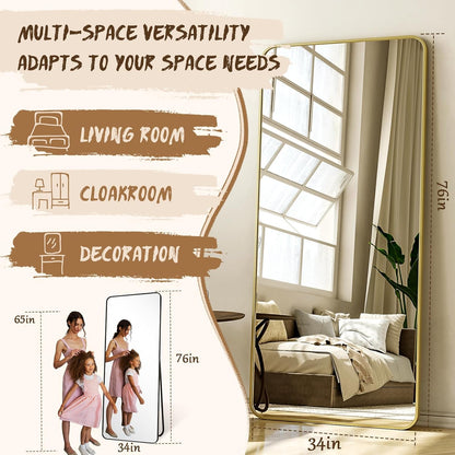 XRAMFY 56"x21" Floor Full Length Mirror Standing Full Body Rounded Corner Rectangle Mirrors with Stand Hanging Wall Mounted Leaning Bedroom Living Room Bedroom Cloakroom,Gold
