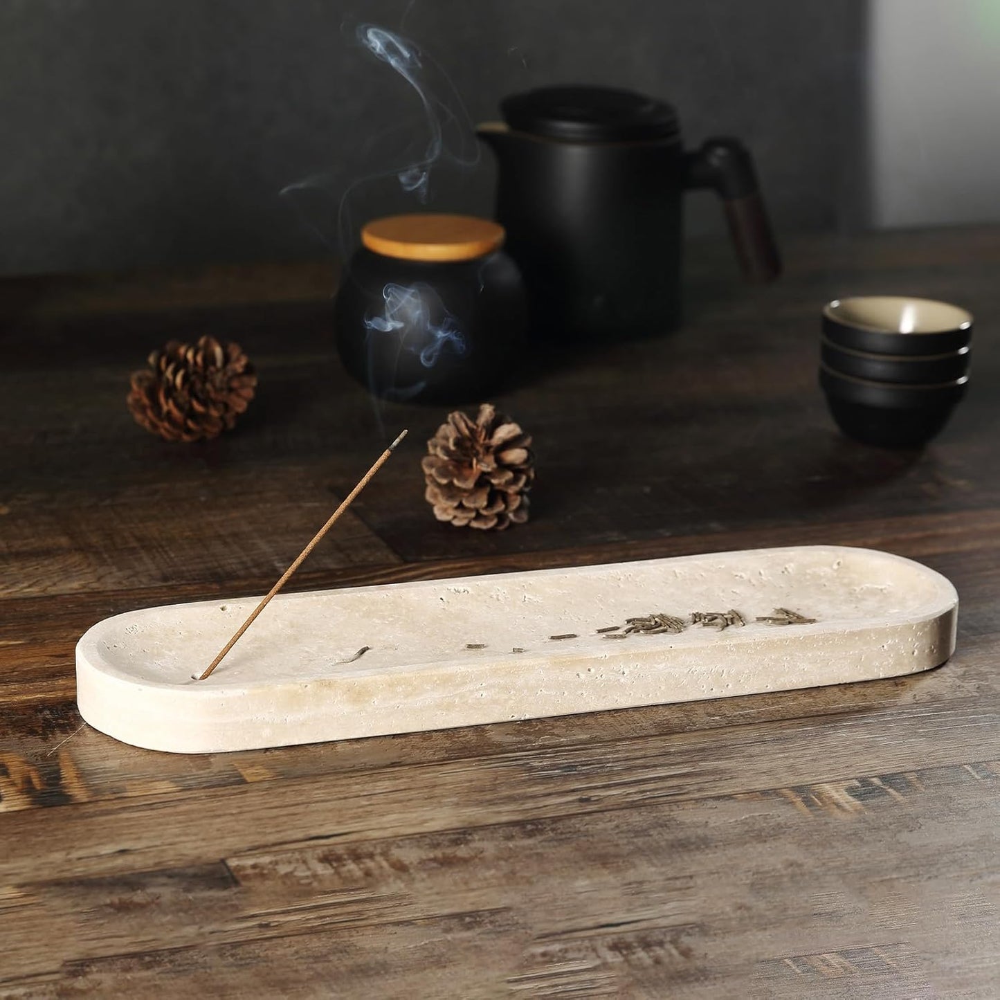 Koville Natural Marble Incense Holder, Incense Holder for Sticks with 9 Holes, Handmade Incense Burner Ash Catcher for Meditation Yoga SPA, Balsam Fir/Palo Santo/Sage/Cone (Green)