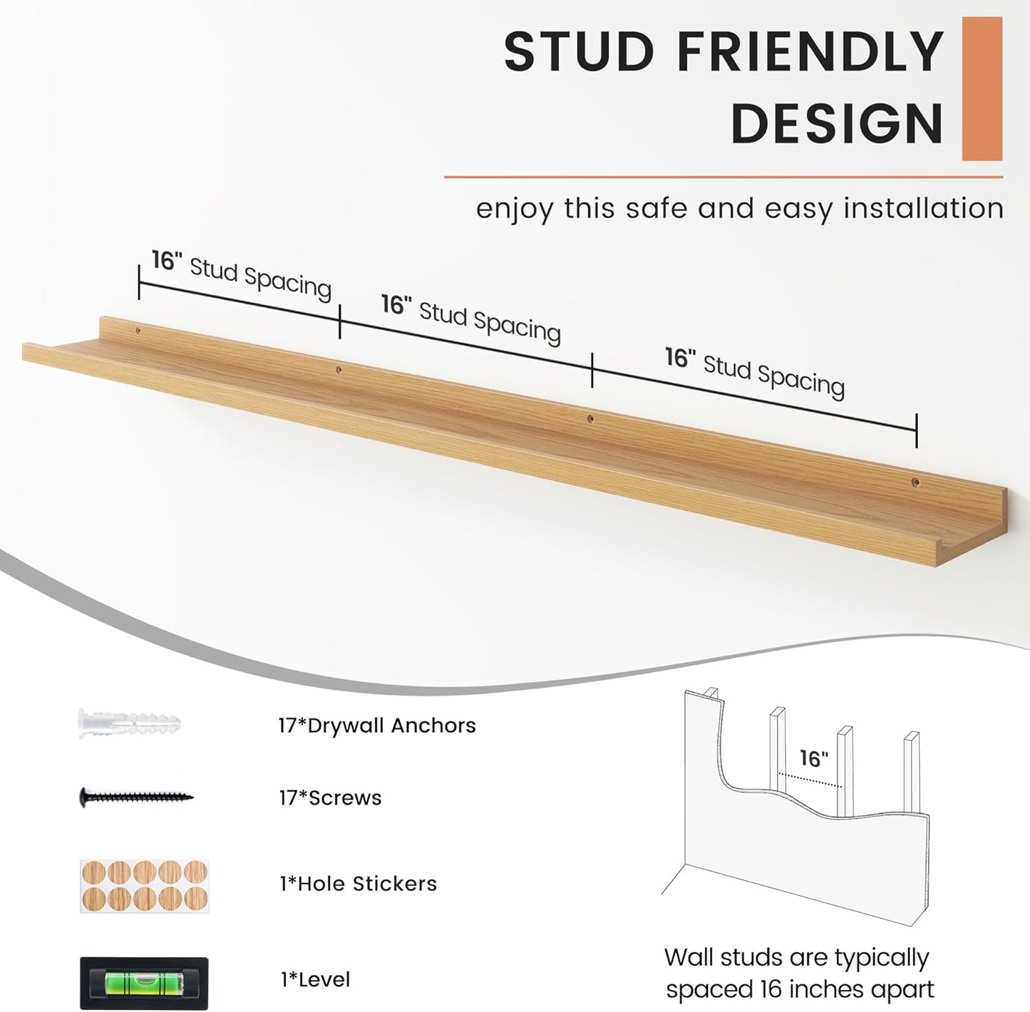 FLYJOE Floating Picture Ledge Shelves for Wall Set of 4, 48 Inch Wall Shelves with Lip Long Large Nursery Book Shelf for Toys Storage Kids Bookshelf Wall Mounted Living Room Bedroom Decor Frames